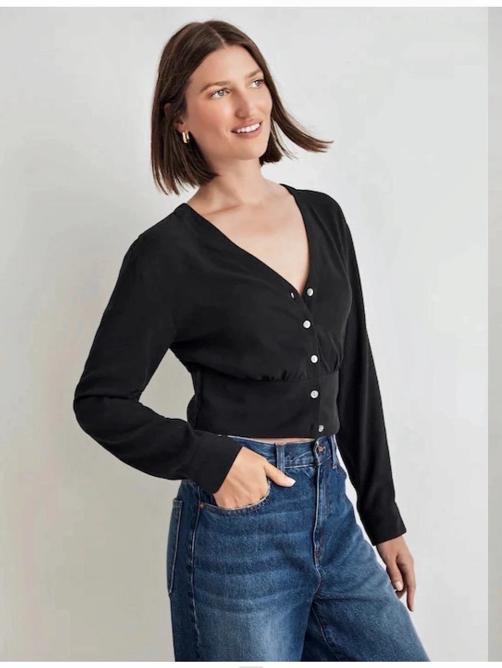 Madewell Black Long Sleeve V-Neck Button Front Blouse Size S